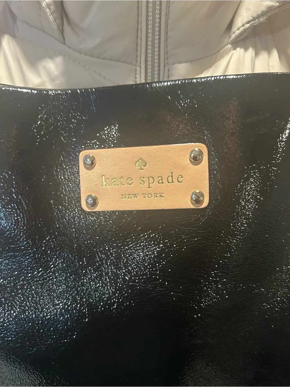 kate spade Black Patent Tote with Tan Leather Handles